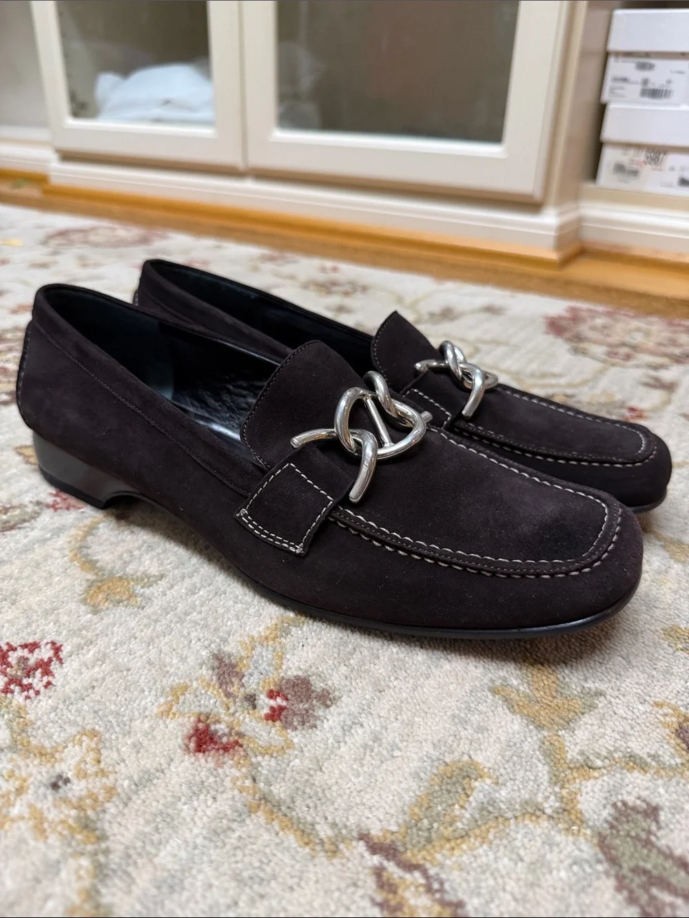 Claudia Ciuti Dark Brown Suede Slip-On Loafers with Silver Chain Accent